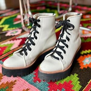 ALL BLACK Cream Chunky Leather Platform Lace Up Boots Size 37, 6.5, $428
